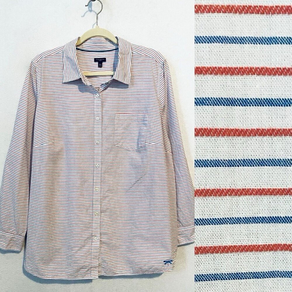 Talbots Top Womens 16W Red Blue Striped Roll Tab Sleeve Embroidered Dragonfly